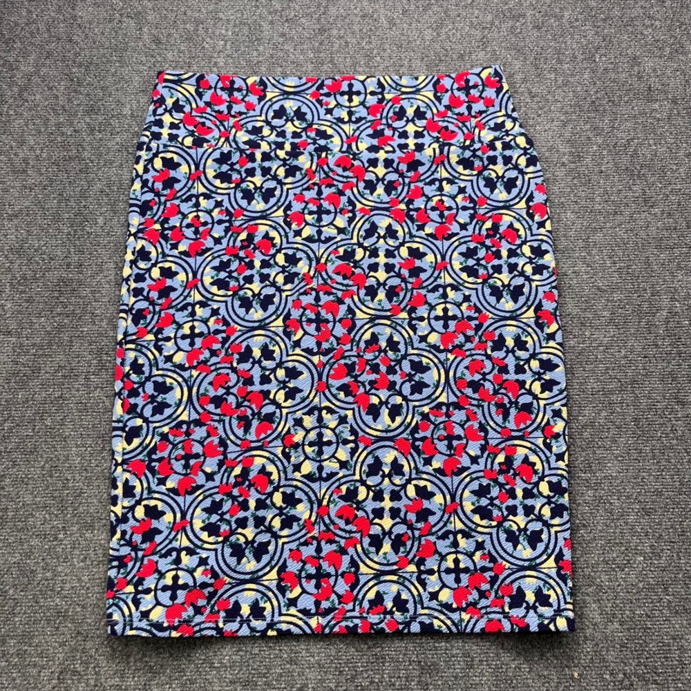 LuLaRoe Cassie Pencil Skirt Floral Geometric Blue Red Stretchy Knit Bottoms - Picture 4 of 6